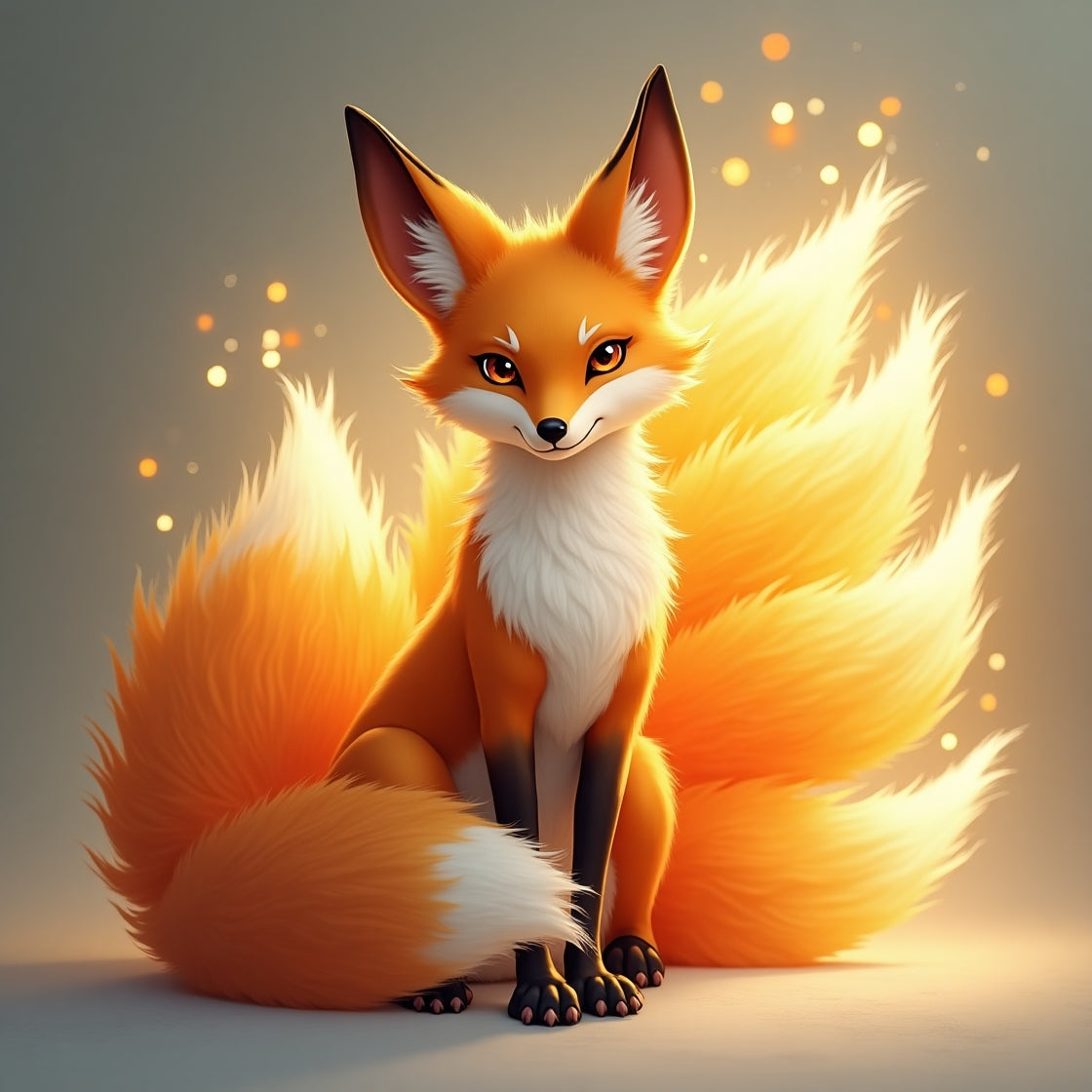 Mystical Kitsune Digital Art Print – Nine-Tailed Fox Illustration
