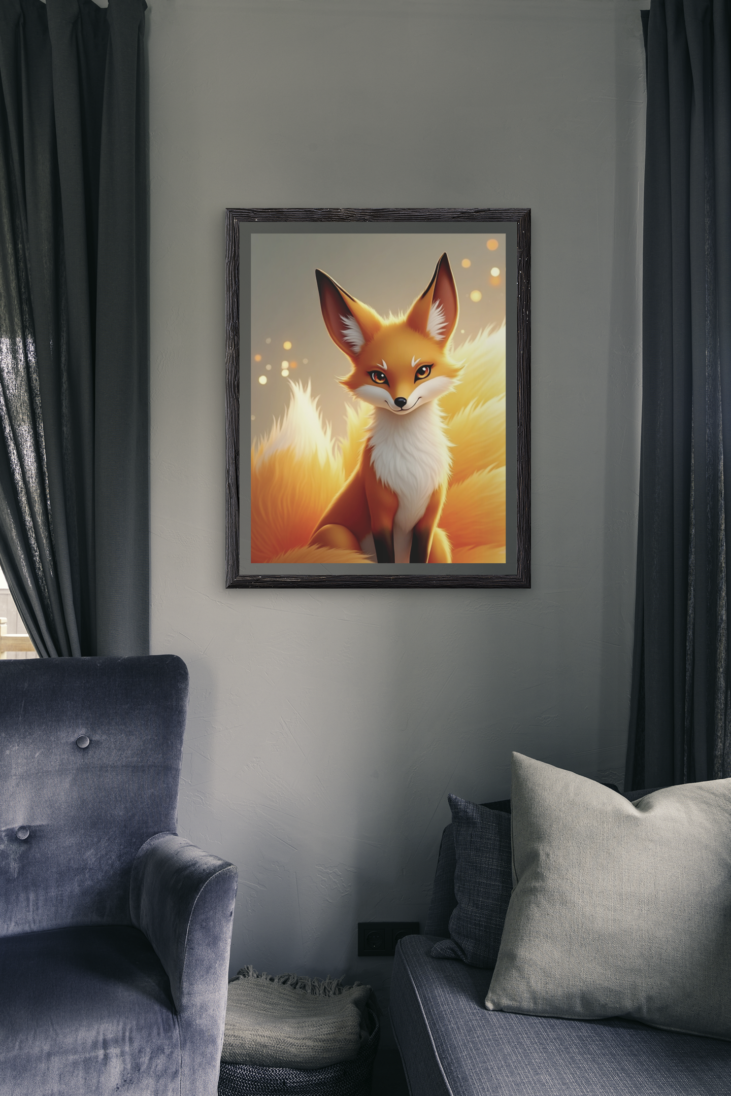 Mystical Kitsune Digital Art Print – Nine-Tailed Fox Illustration